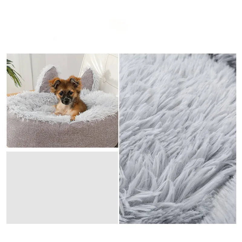 Blue plush faux fur circular cat bed with raised sides on a wooden floor