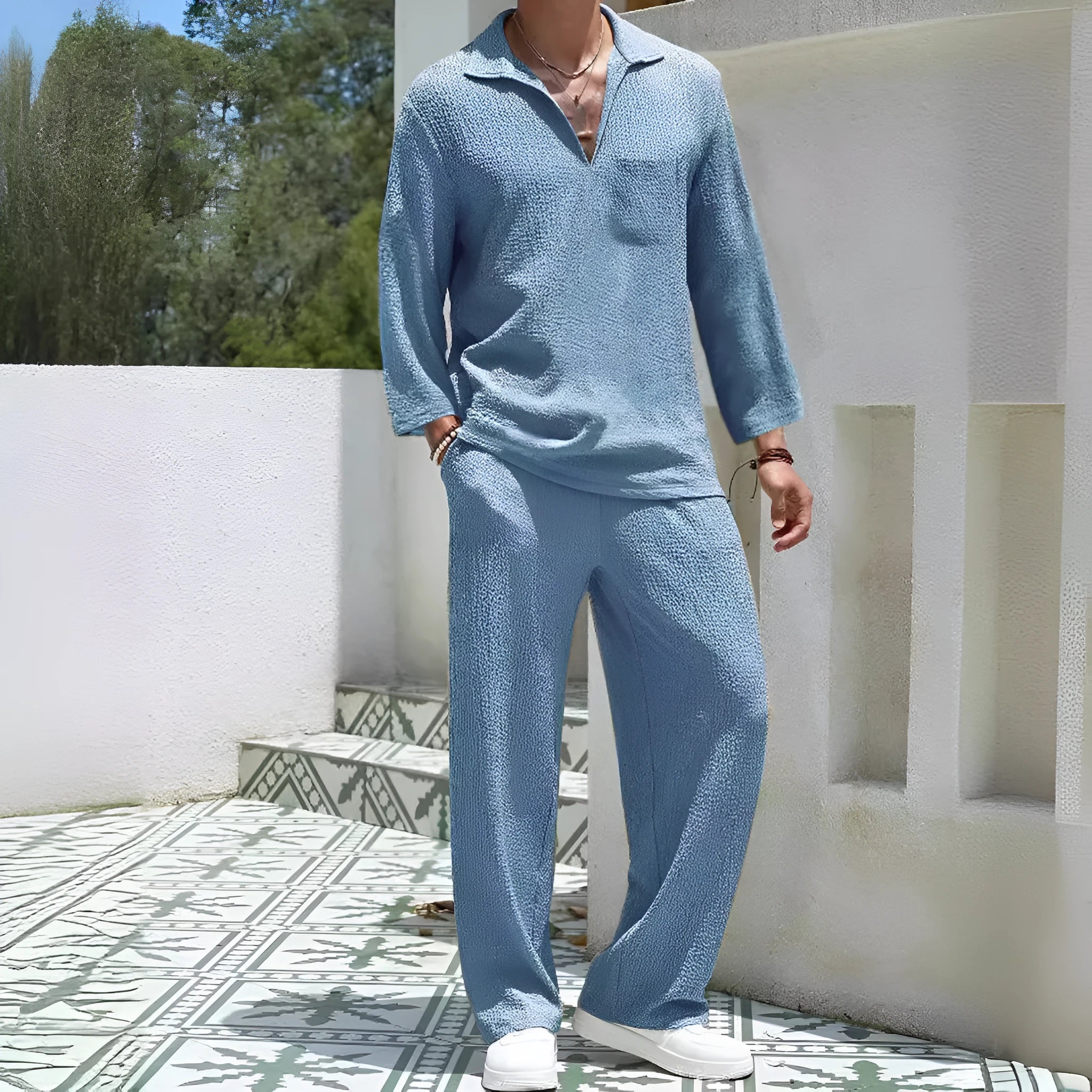 Men's casual shirt trousers suit set in polyester fabric for autumn commuting and leisure wear