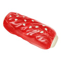 Primary colour plastic molar rod dog chew toy and treat dispenser.