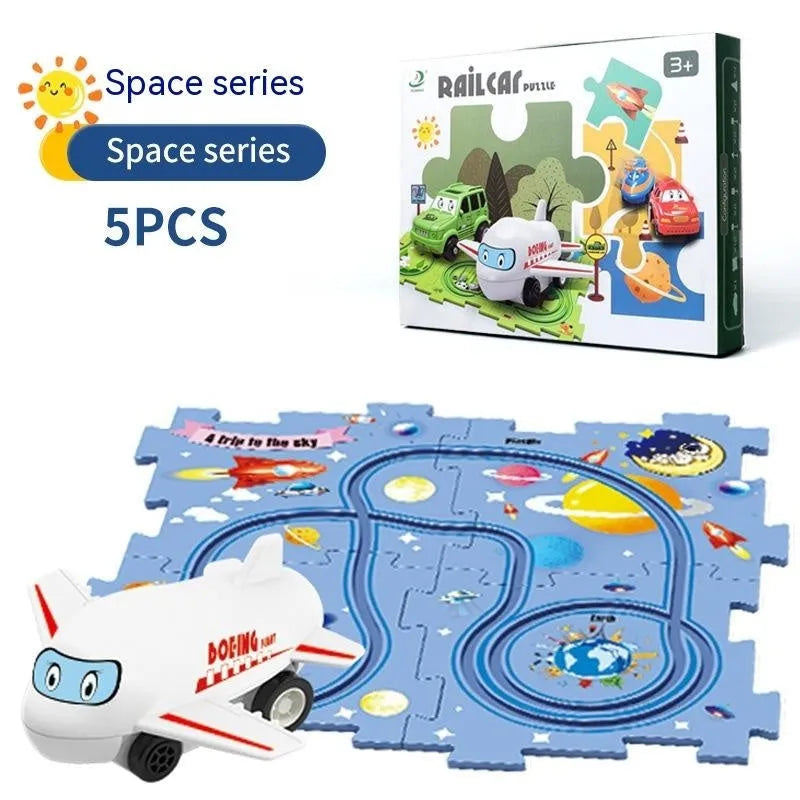Children puzzle electric railroad speeder with automatic car and dinosaur-themed puzzle track pieces on floor