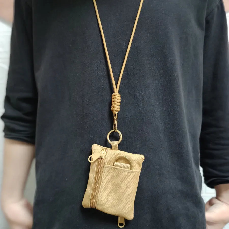 Mini multifunctional earphone bag in Oxford cloth, 9 x 10cm, with 52cm lanyard, shown in Black, Khaki or Army Green