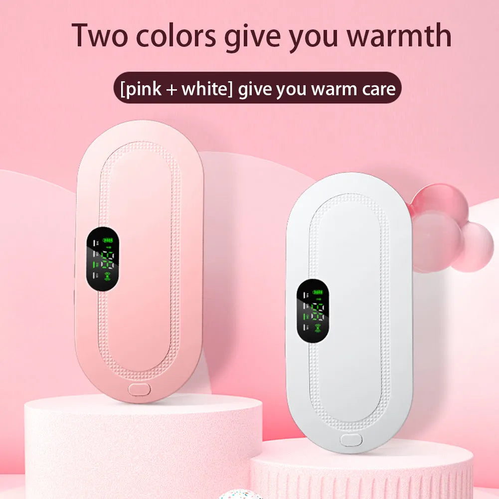 Pink menstrual heating pad with controller displaying temperature settings and vibration options