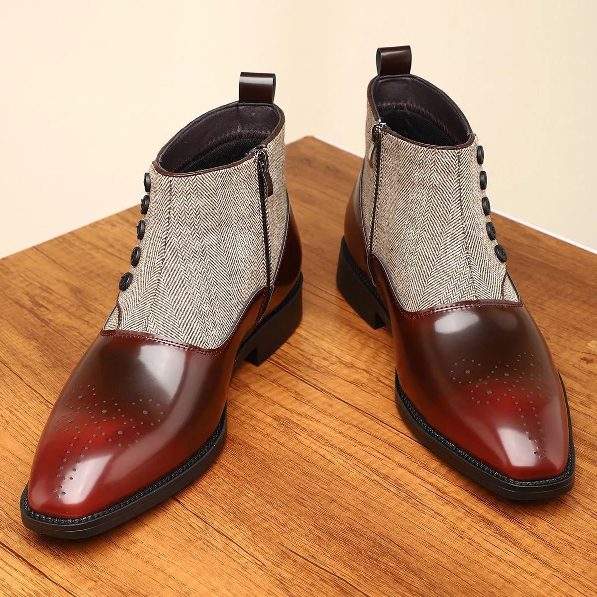 Men's brown retro business shoe with side zipper and square toe on a plain background.