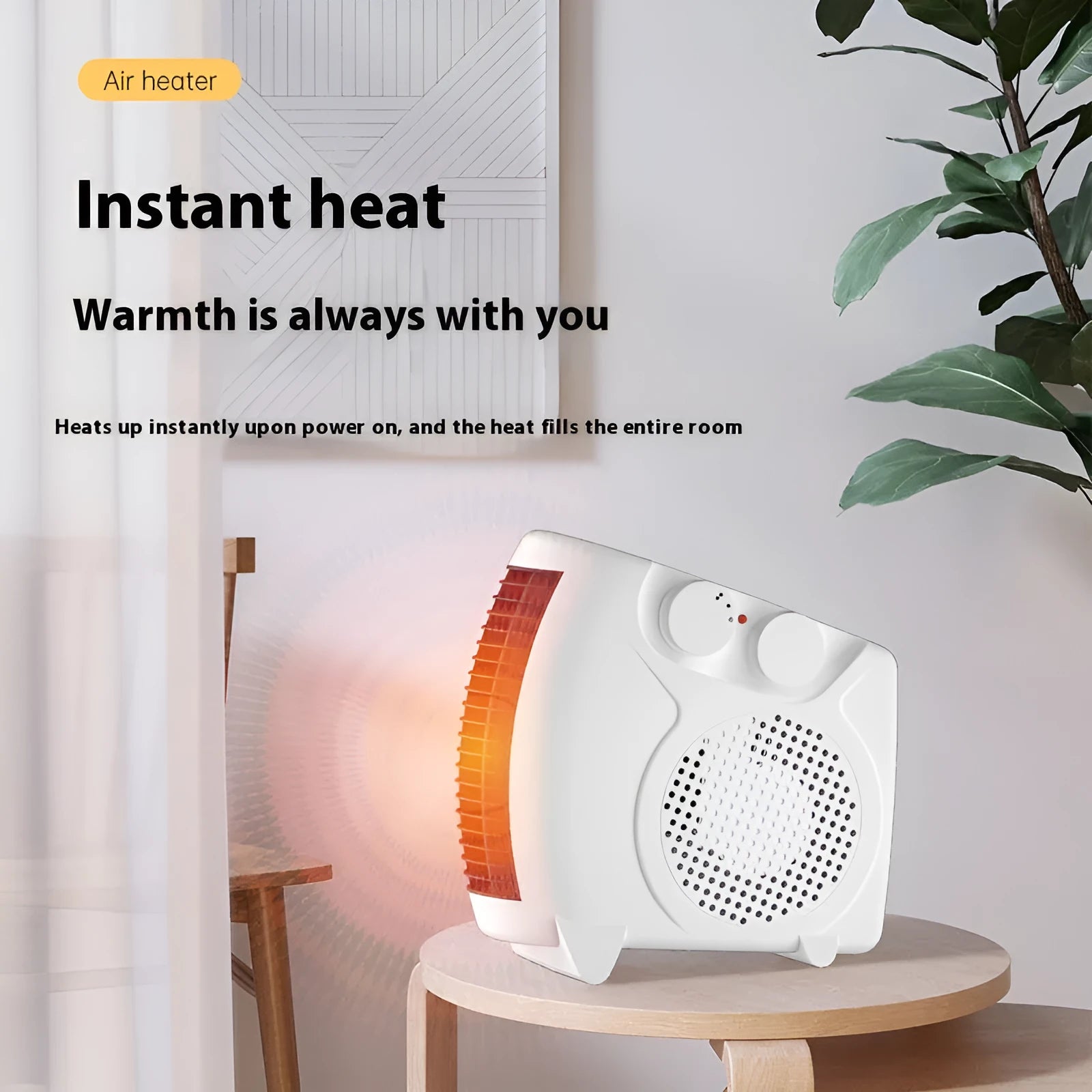 White compact electric heater with power controls for desktop or small room use