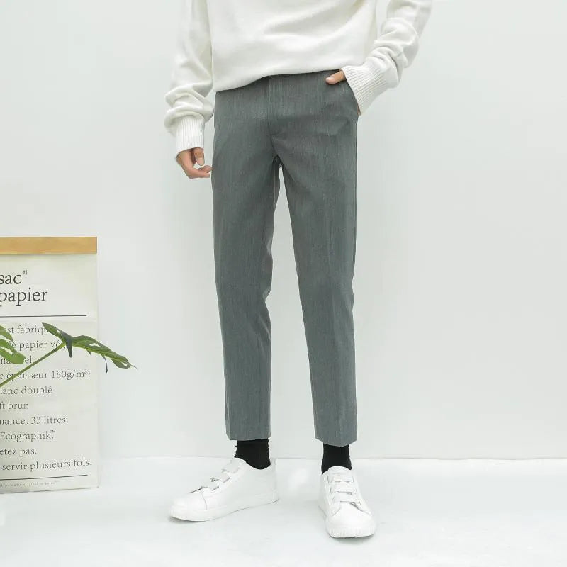 Men's slim loose straight-leg cotton trousers in khaki with a drawstring waist