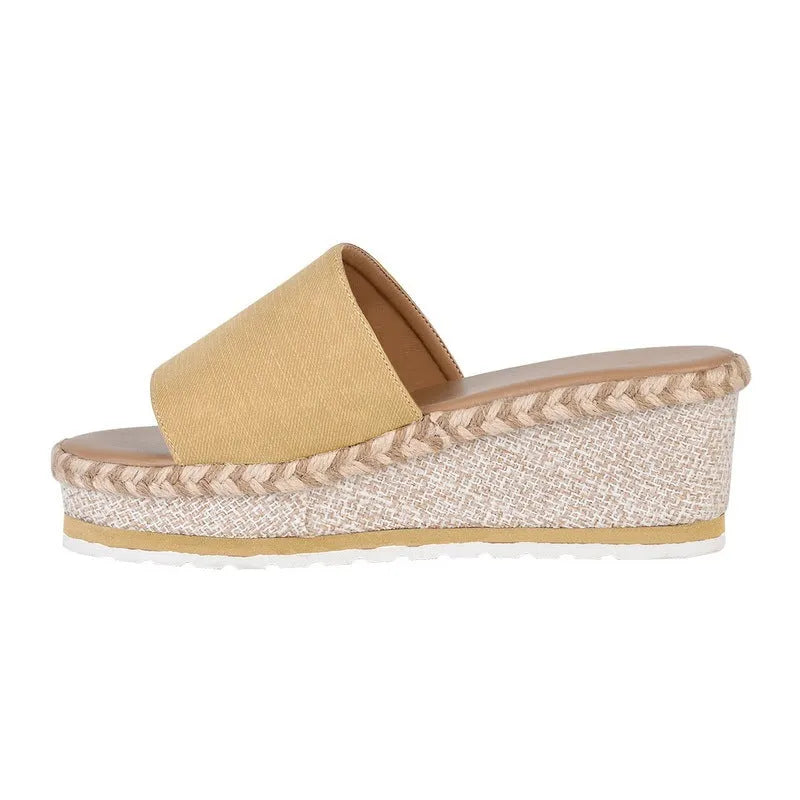Women's wedge heel platform sandals with cloth upper and metal detail, plain style, front view