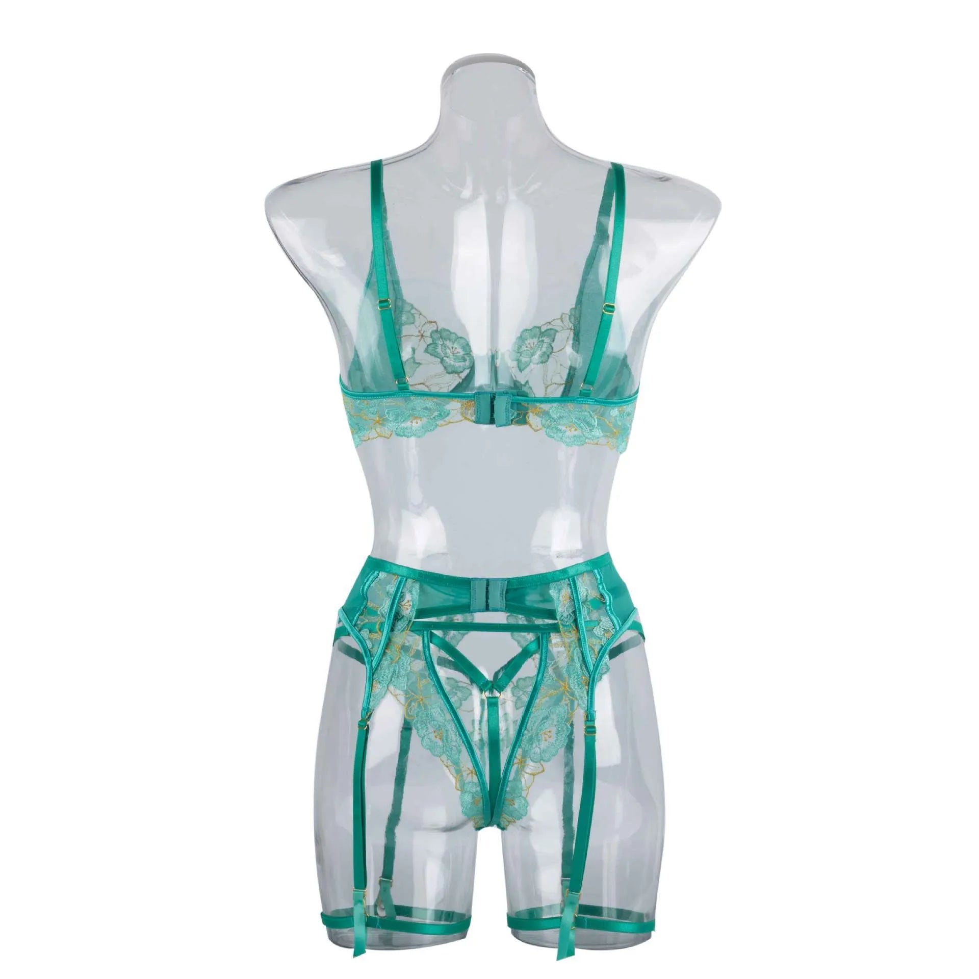 Light green women's bra set with embroidery detailing showing front view of three-point style construction
