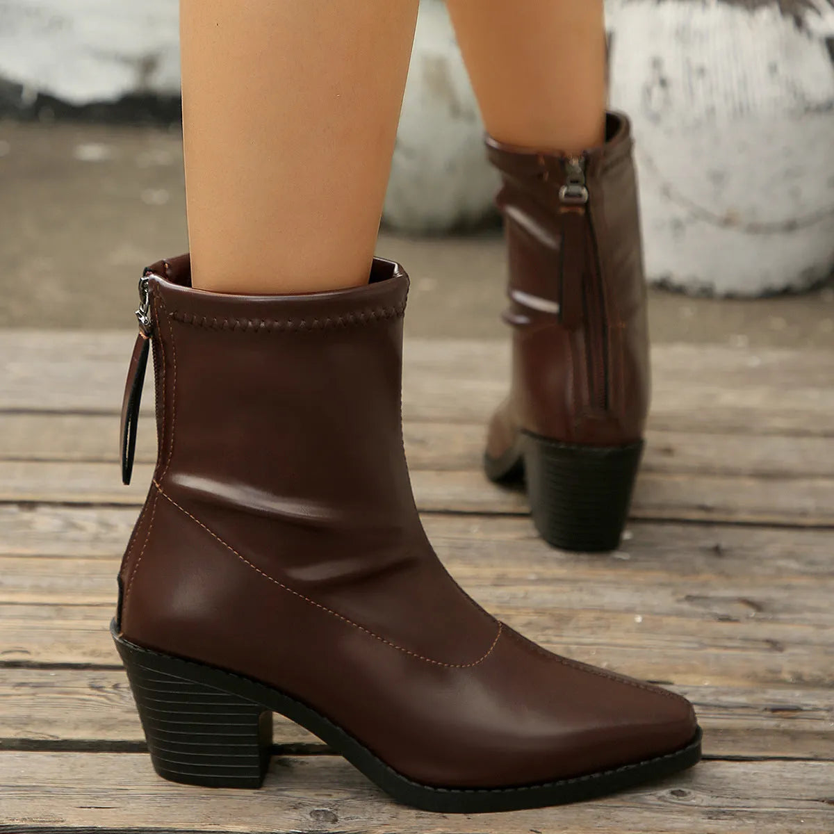 Pointed toe chunky heel Martin boots in black with cotton lining and rubber sole