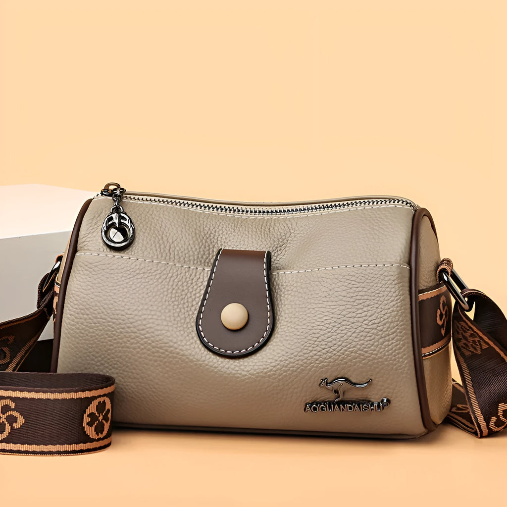 Retro women's leather crossbody bag in khaki, horizontal square shape with top grain leather and spliced detail