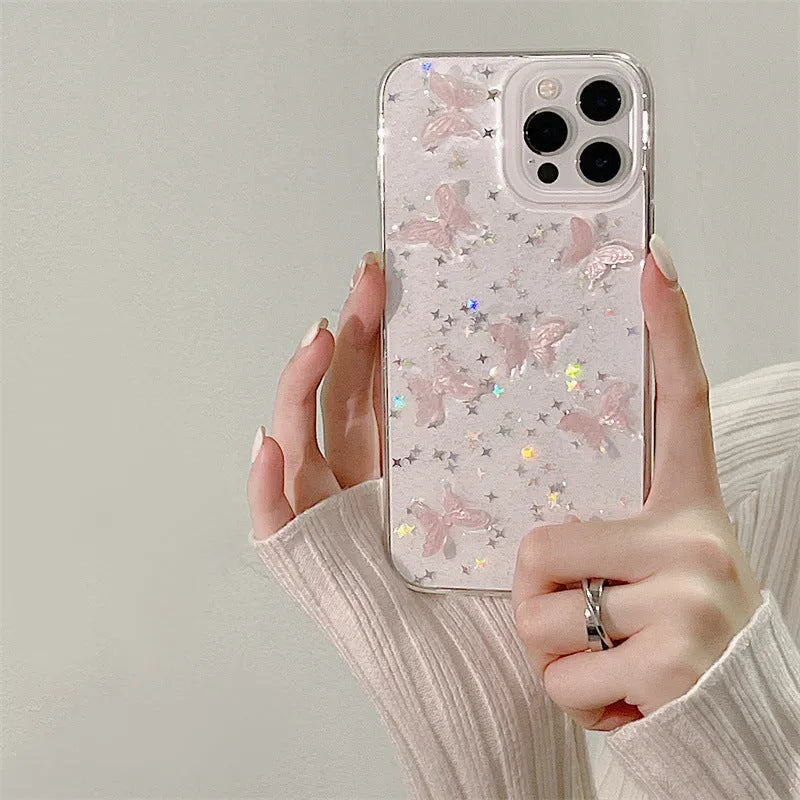 Transparent TPU iPhone 13 Pro Max case with three-dimensional dream pink butterfly back cover