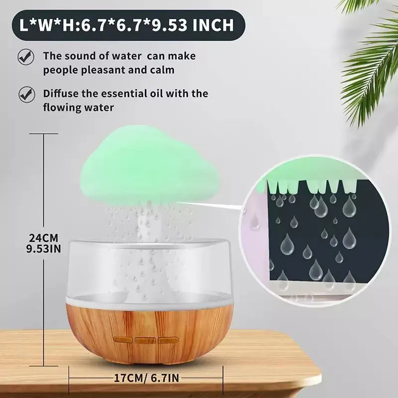 White raining cloud design desktop humidifier and night light with wood grain base