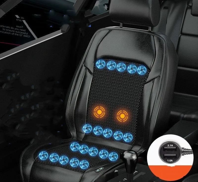 Brown ventilated car seat cushion with built-in cooling fan connected to cigarette lighter