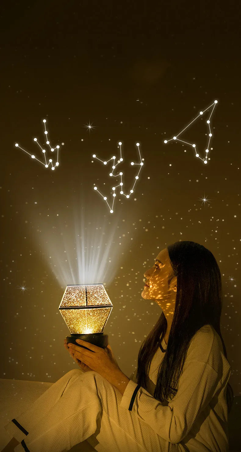 Children's rotating star projection night light with three-colour LED modes.