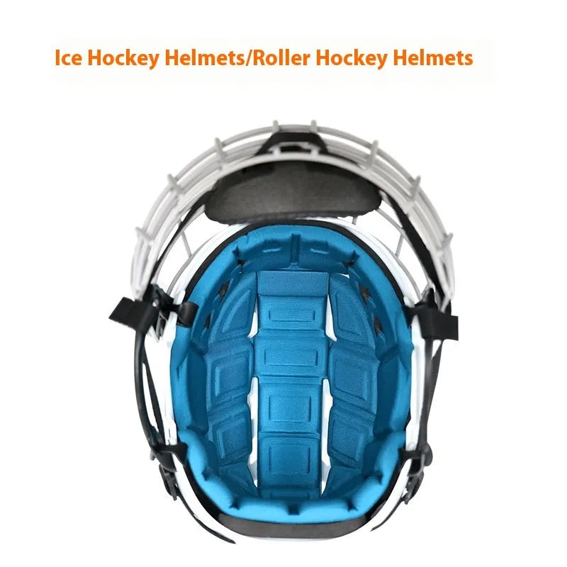 Adult ice hockey helmet with protective wire face mask showing impact-resistant shell construction