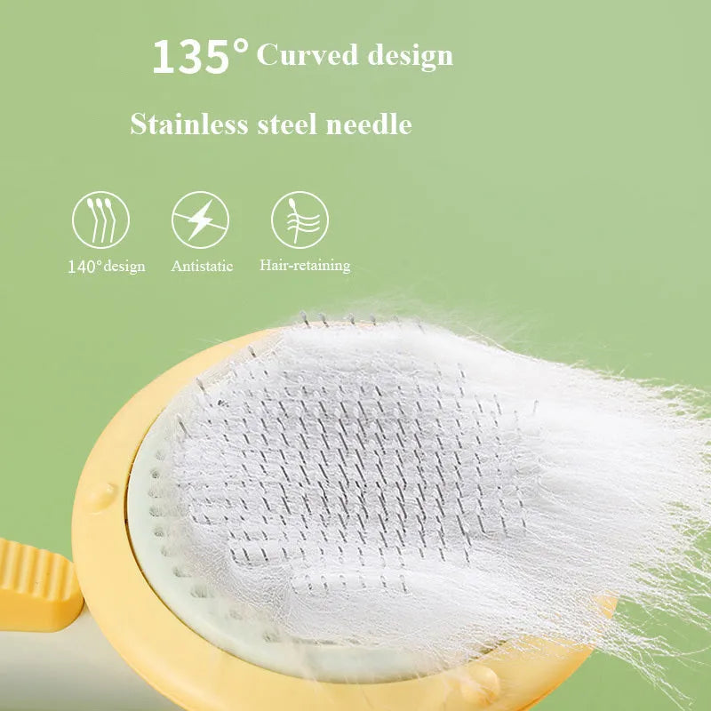 Pumpkin coloured pet grooming brush with curved stainless steel needles and a hand-held plastic handle.