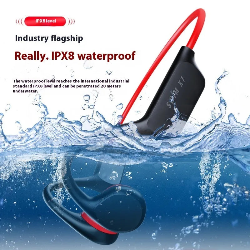 Bone conduction Bluetooth headset in black and red with ear-hook design for sports and waterproof use