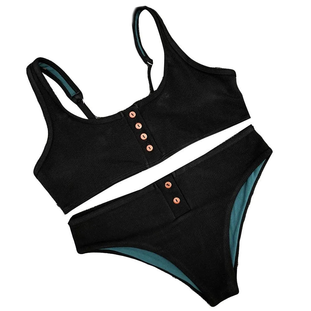 Women's solid colour bikini set with push up padded bra in black, blue, and white available in sizes S M L XL