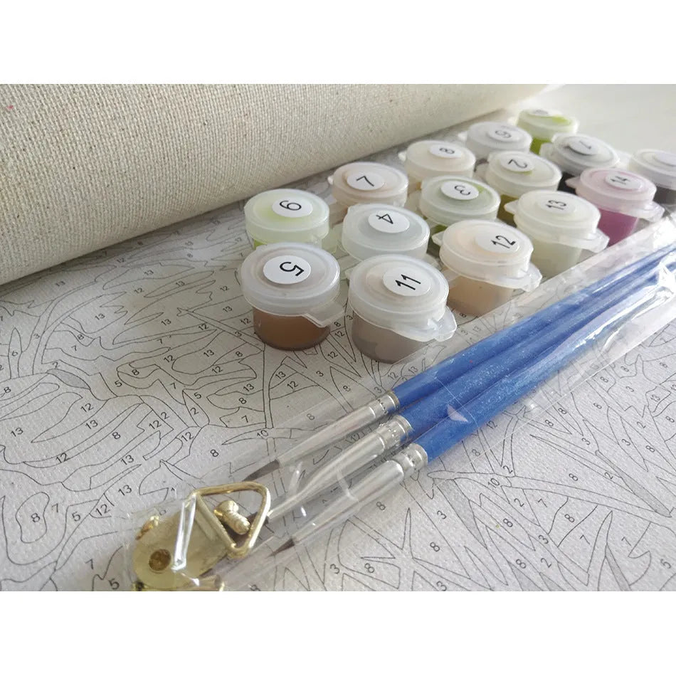 DIY paint by numbers kit showing 40x50cm linen canvas with landscape design and pots of acrylic paint