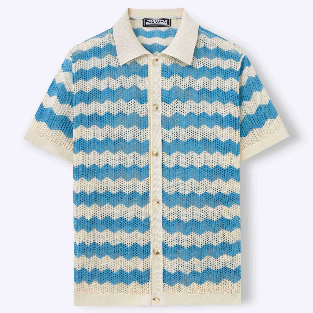 Blue American-style corrugated short-sleeved sweater with jacquard texture on a hanger.