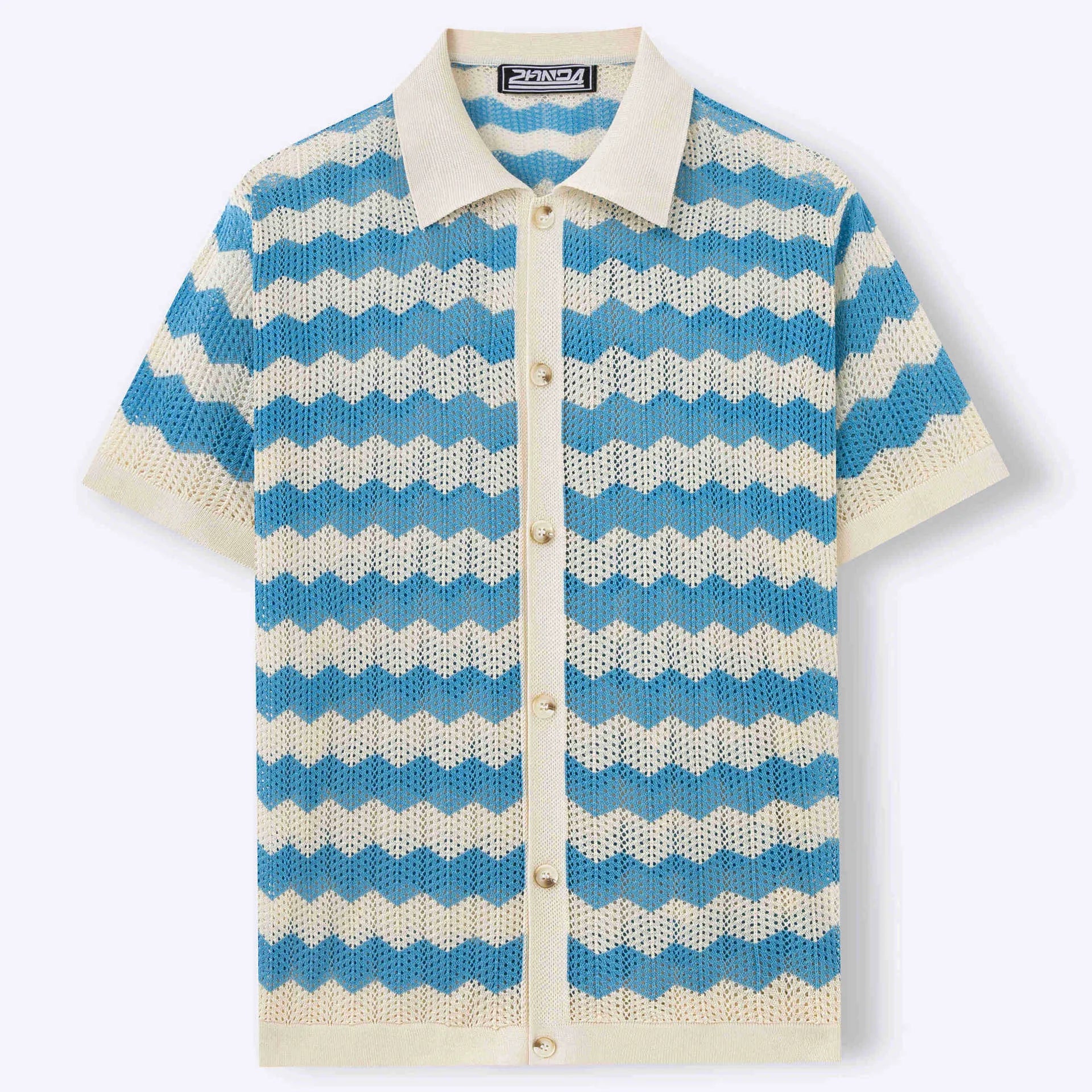 Blue American-style corrugated short-sleeved sweater with jacquard texture on a hanger.