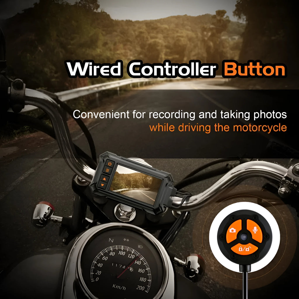 Motorcycle dash cam with 3-inch screen, dual cameras, and GPS module for front/rear recording and route tracking