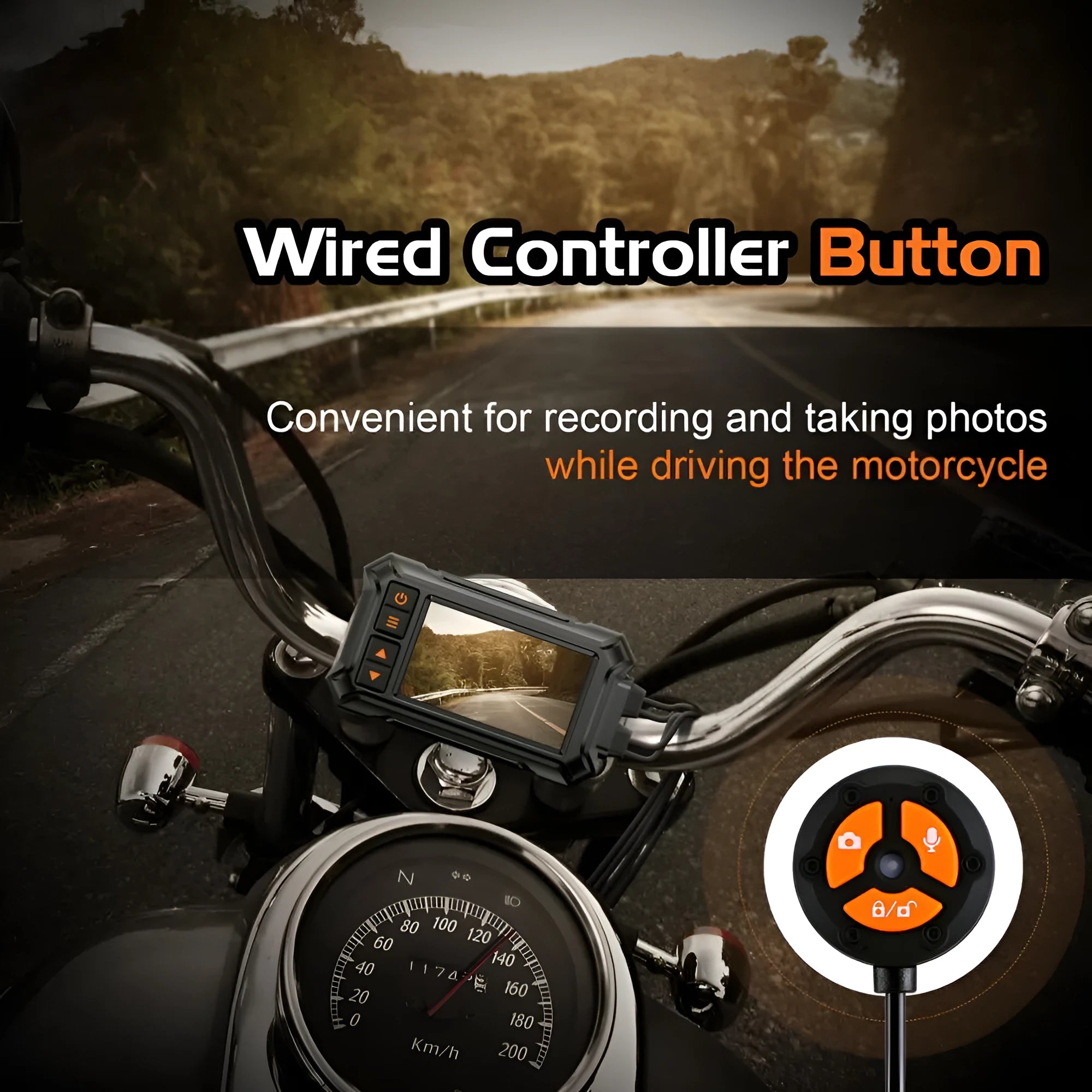 Motorcycle dash cam with 3-inch screen, dual cameras, and GPS module for front/rear recording and route tracking