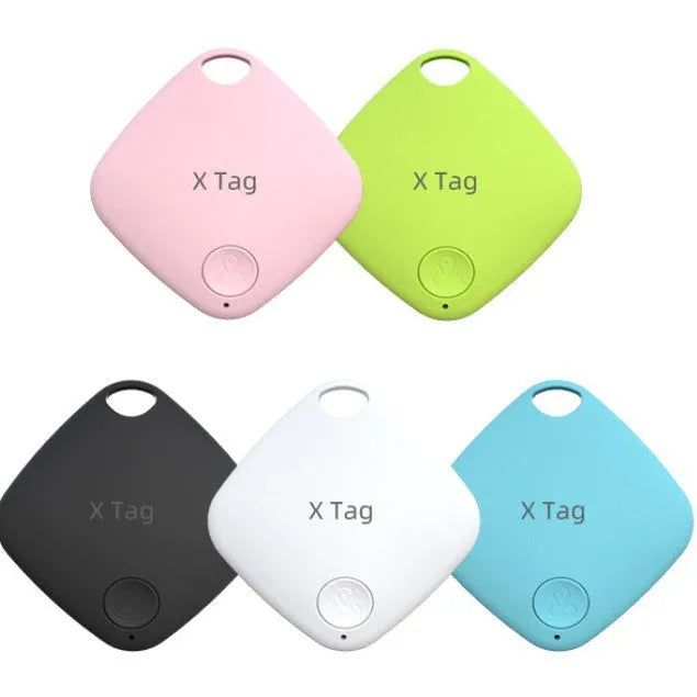Diamond Global Bluetooth key finder and pet locator device in five colours: black, blue, green, pink, and white.