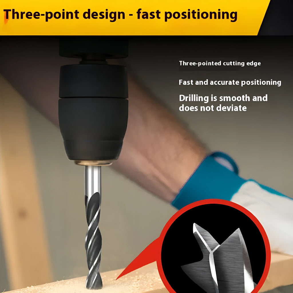 Woodworking twist punch drilling bit set with steel bits and hexagonal handle, five pieces on a dark background