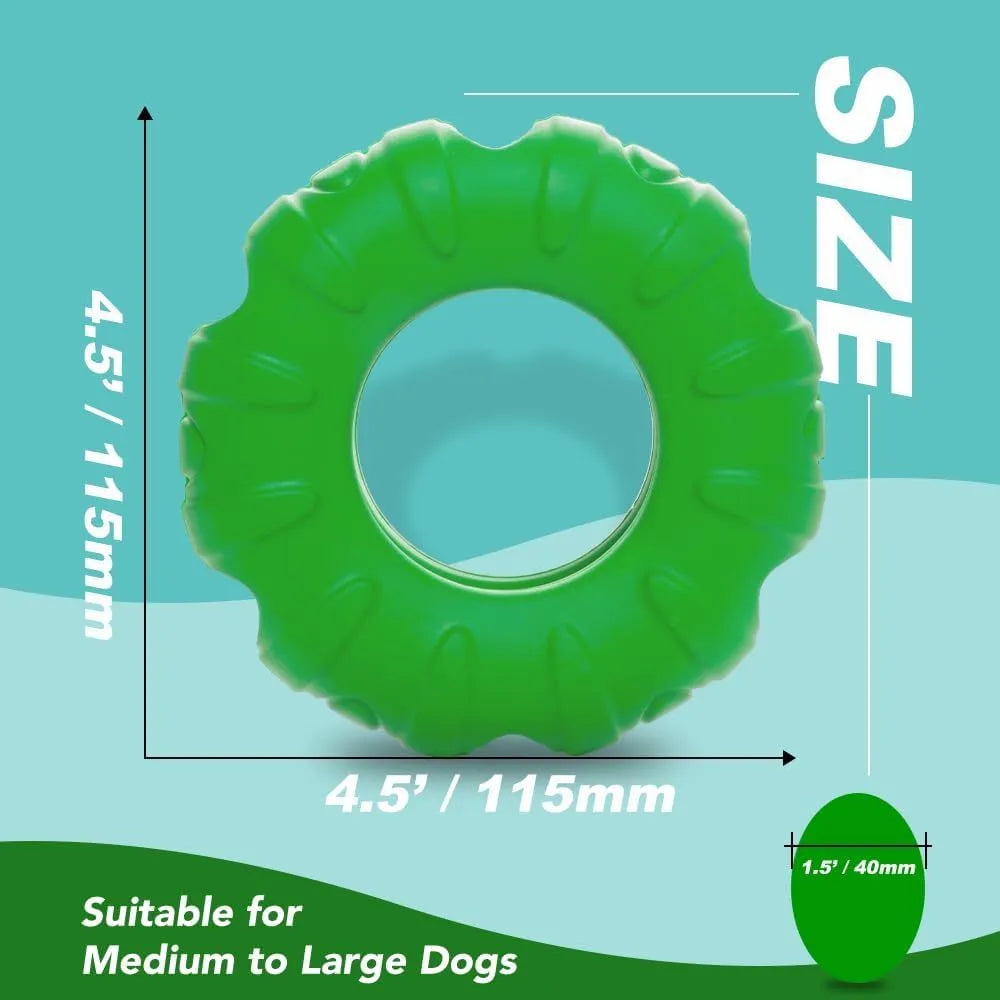 Blue rubber tyre-shaped dog chew toy with oval openings for slow feeding.