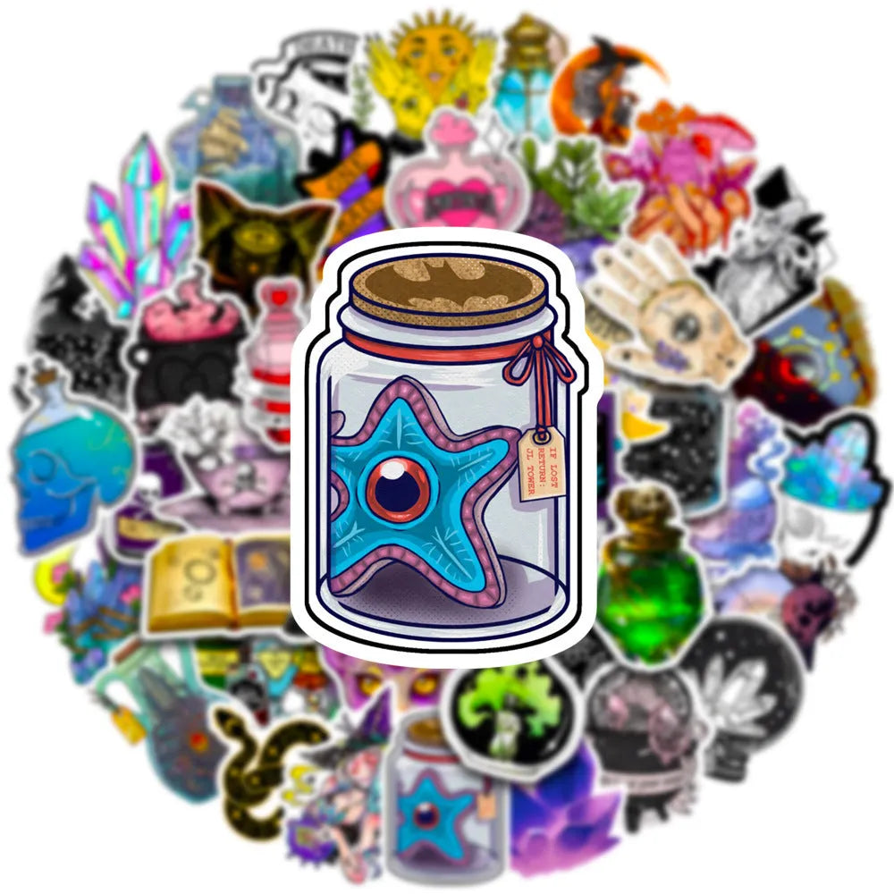 A pack of 50 colourful waterproof PVC graffiti stickers in various sizes from 3cm to 8cm.