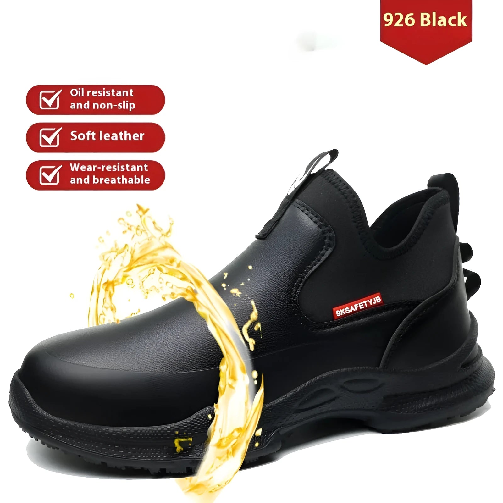 Black men's high-cut chef work shoes with a microfibre leather upper and rubber sole.