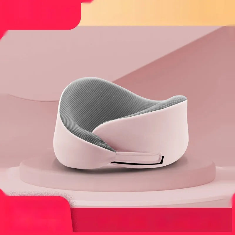 Memory foam U-shaped neck pillow with magnetic cloth neck protector in light grey, dark grey, and light pink colour options