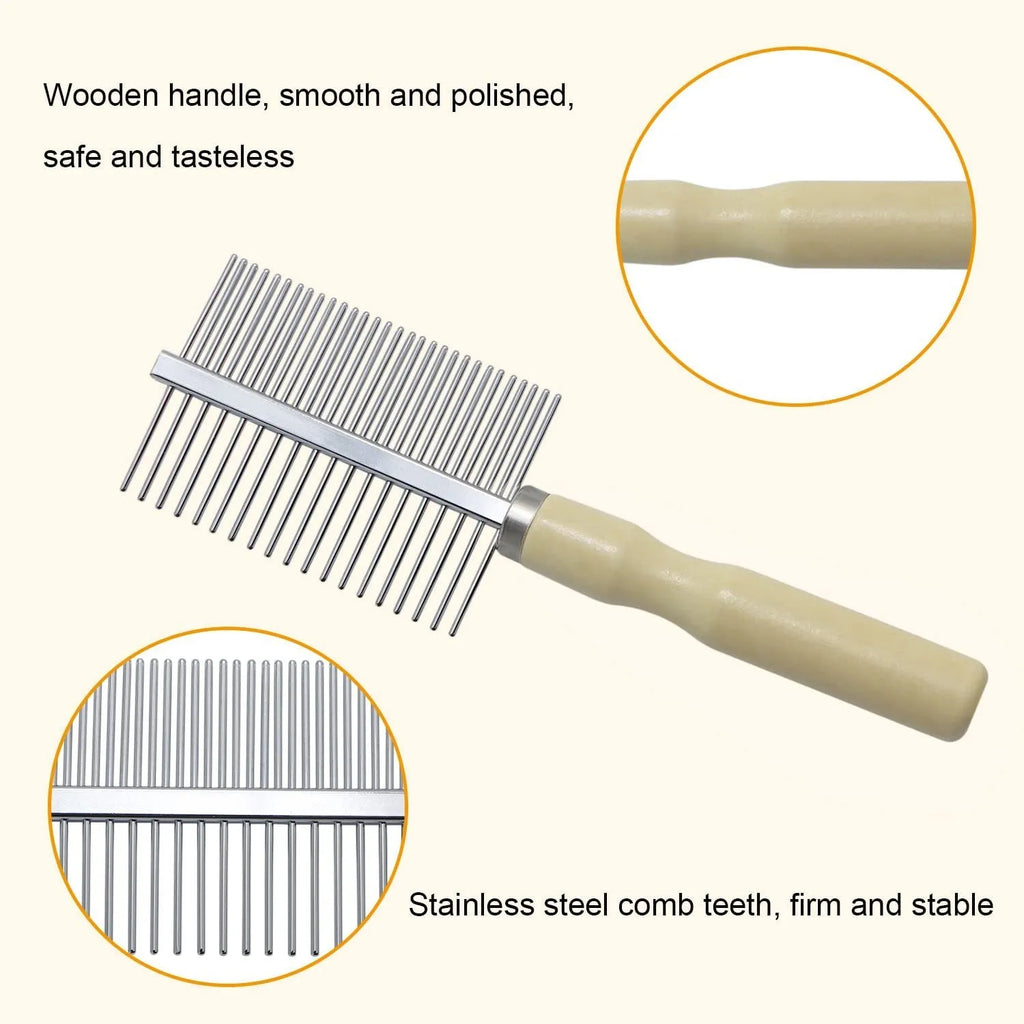 Wooden handle pet grooming comb for dogs and cats showing rounded teeth