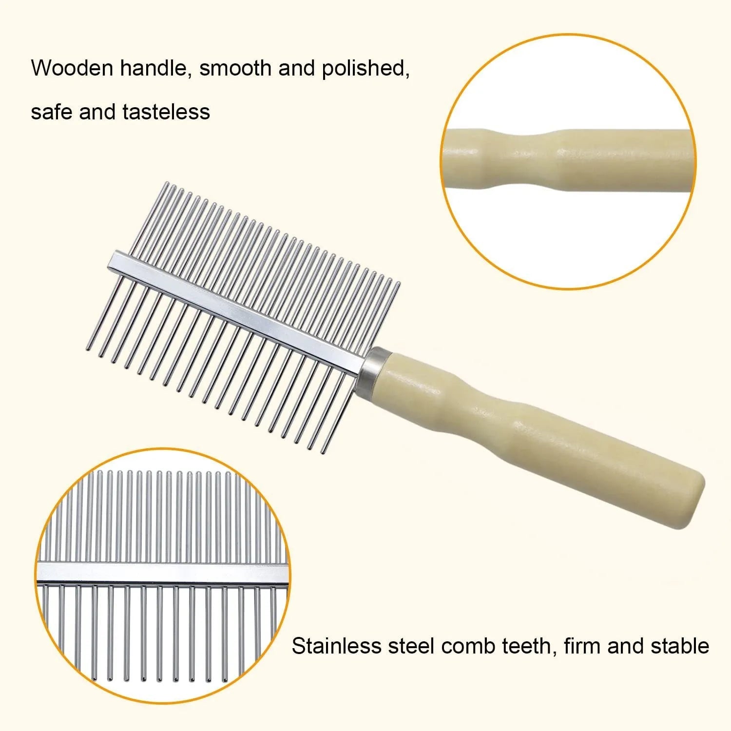 Wooden handle pet grooming comb for dogs and cats showing rounded teeth