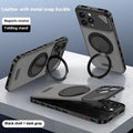 Aluminium alloy leather iPhone case with rotating bracket and magnetic suction, shown in black and blue.