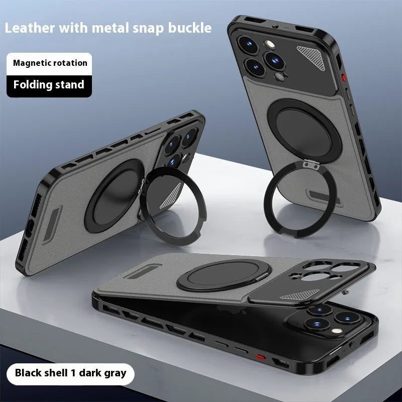 Aluminium alloy leather iPhone case with rotating bracket and magnetic suction, shown in black and blue.