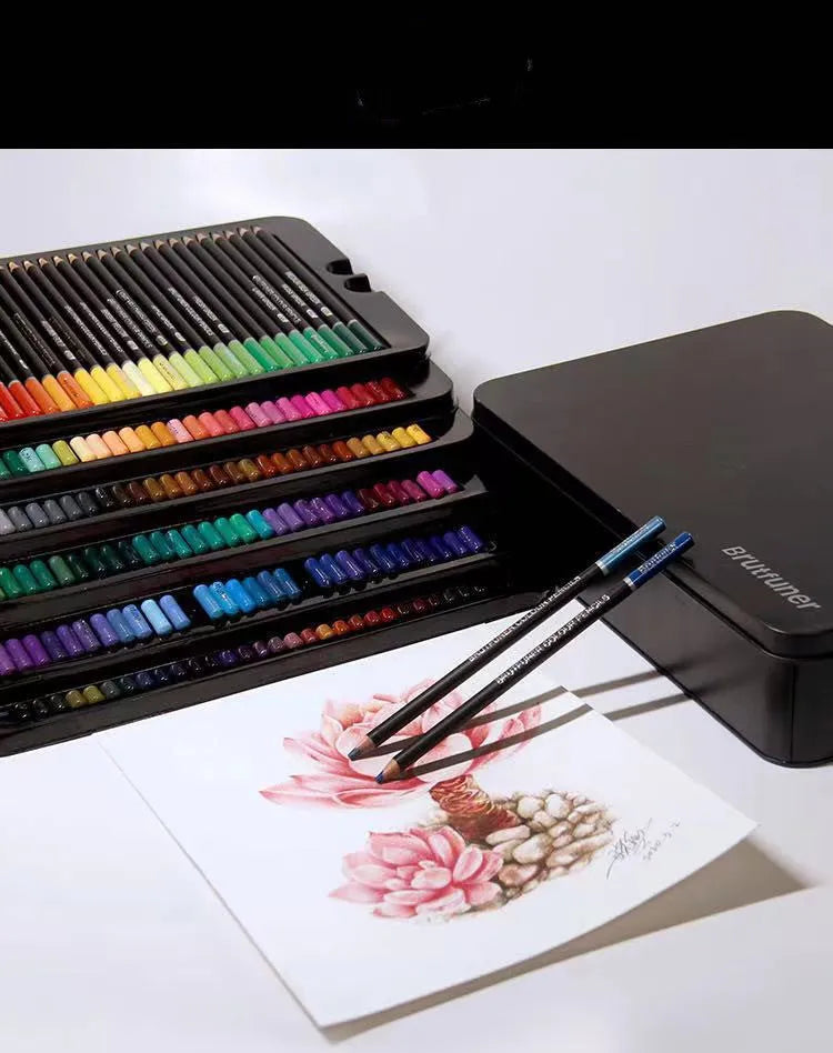 Open tin box showing 180 colourful oily pencils with wooden barrels and attached brush tips for painting.