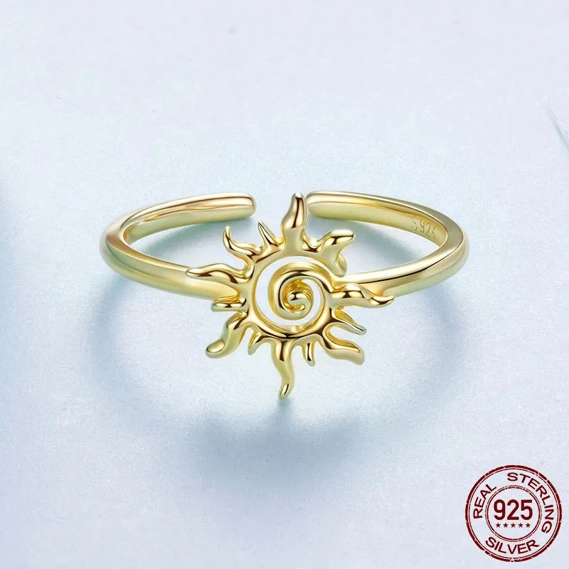 S925 sterling silver 14K gold plated sun open ring for women, adjustable size, BSR709-E finish