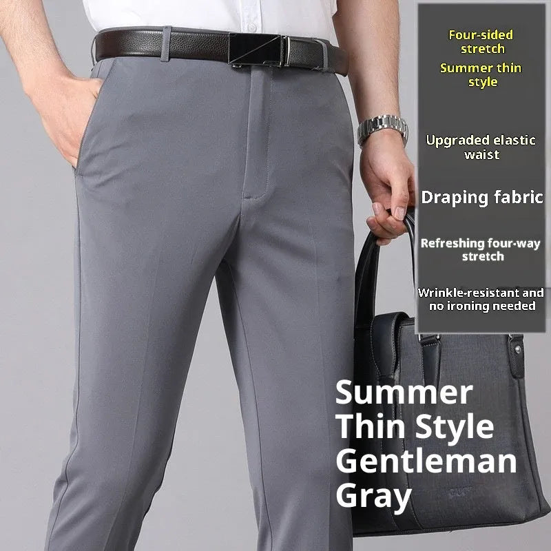 Men's loose straight suit trousers in Business Black, 95% polyester, with metal decoration detail