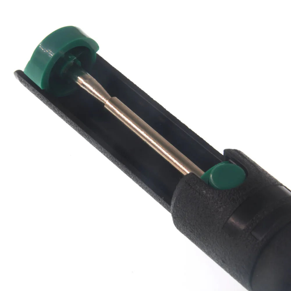 Black manual tin suction device, 210mm long, approximately 70g, semi-aluminium alloy body for desoldering