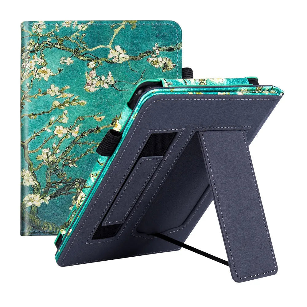 Kindle Paperwhite5 2021 leather case in various colours with an integrated wrist strap bracket.