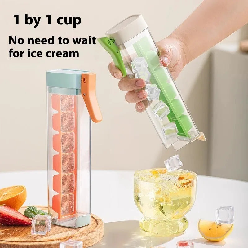 Food-grade plastic ice cube tray with one-press release mechanism and storage box in blue or white.
