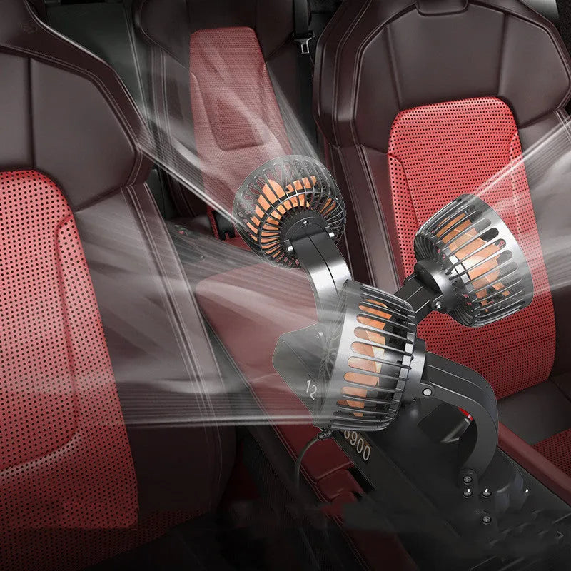 Three head adjustable automotive cooling fan with USB and cigarette lighter plugs on a 1.3m cable