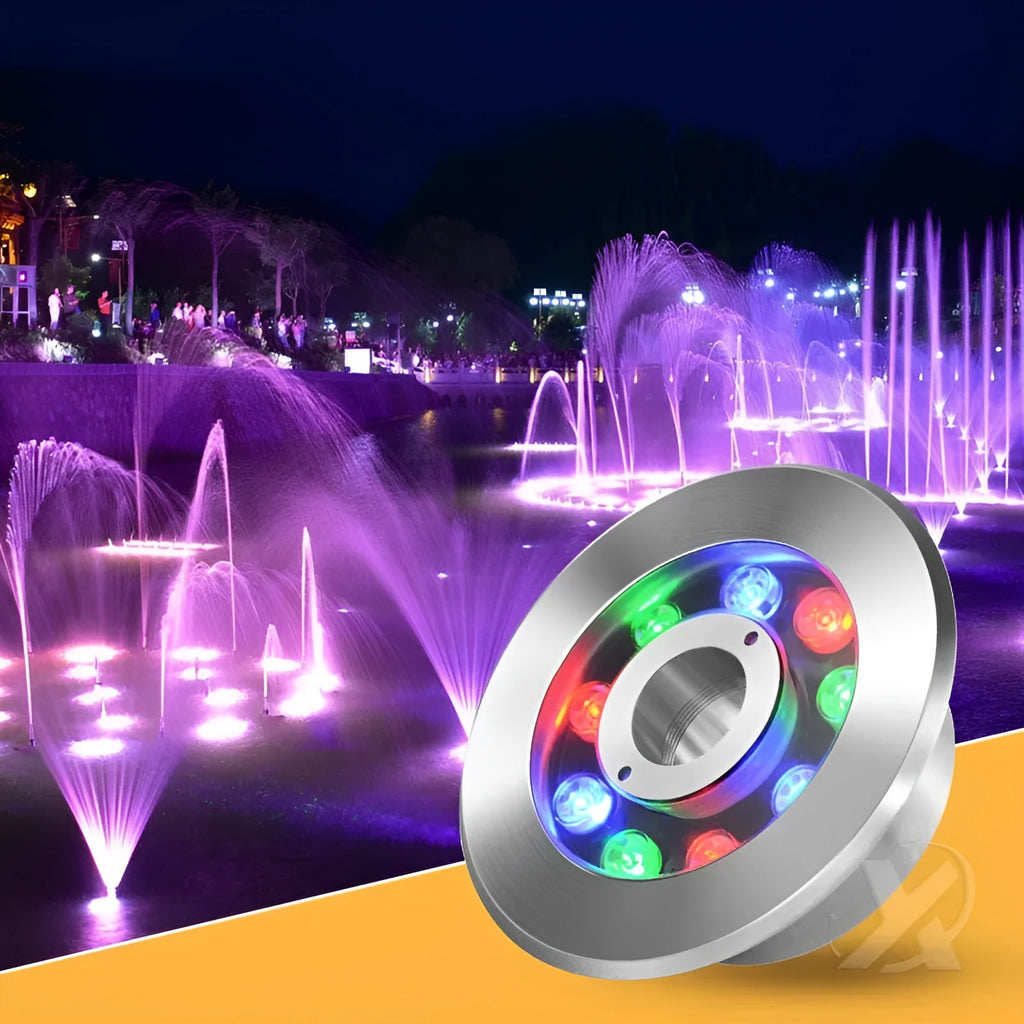 Aluminium alloy 12W underwater garden lamp showing warm white, pure white, and RGB lighting options