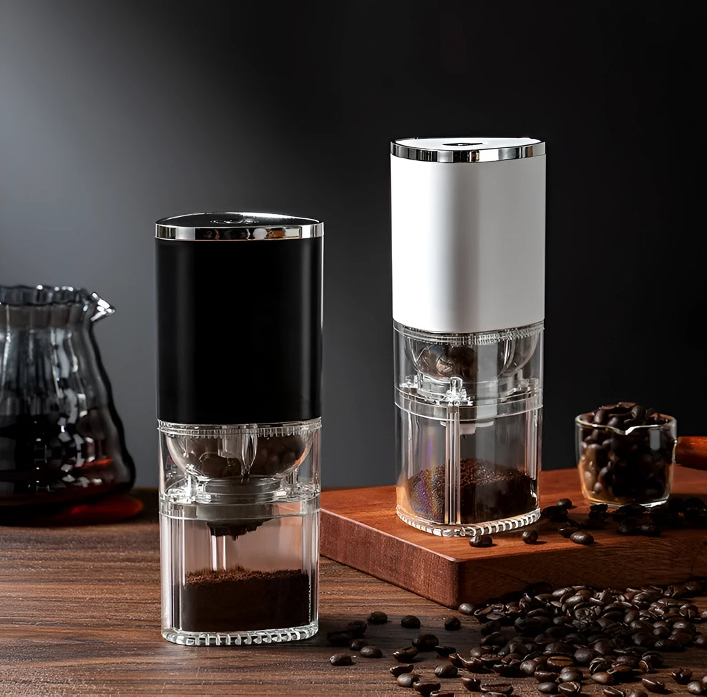 Portable USB rechargeable electric coffee grinder in black or white with ceramic burr.