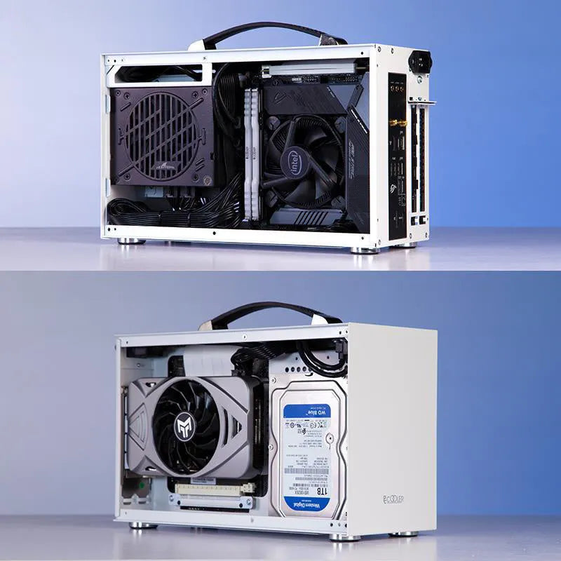Hummingbird PRO ITX desktop computer chassis in titanium grey or white metal finish.