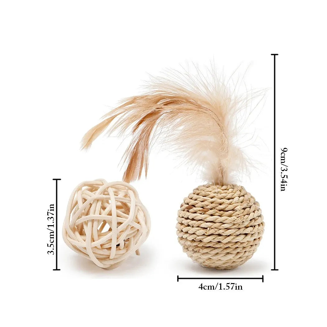 Two-piece cat toy set showing rattan ball and faux feather ball with bell