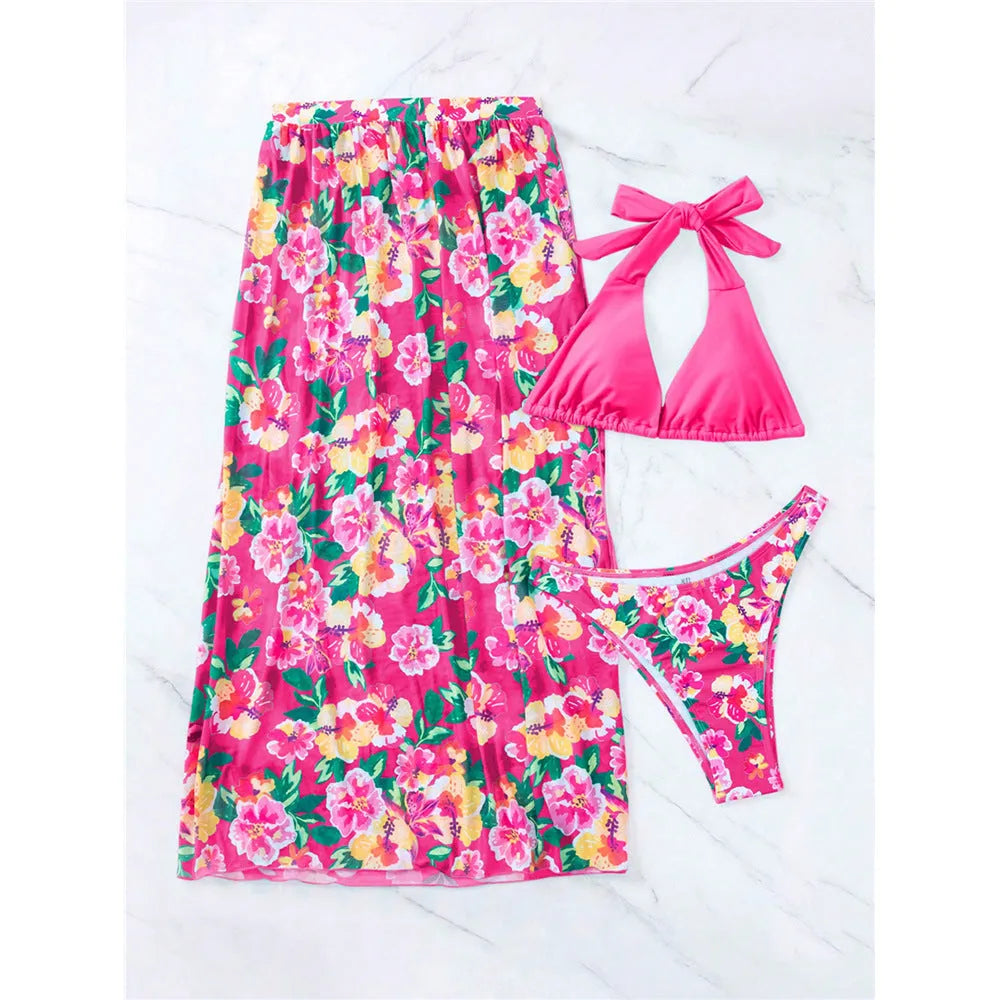 Printed high slit three-piece swimsuit set for women in Lake Green and Rose Red, sizes S to XL, polyester fabric