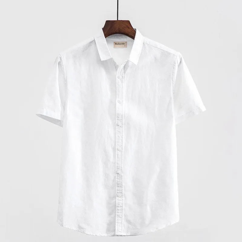 Men's square collar linen short sleeve shirt in cotton blend fabric for summer casual wear
