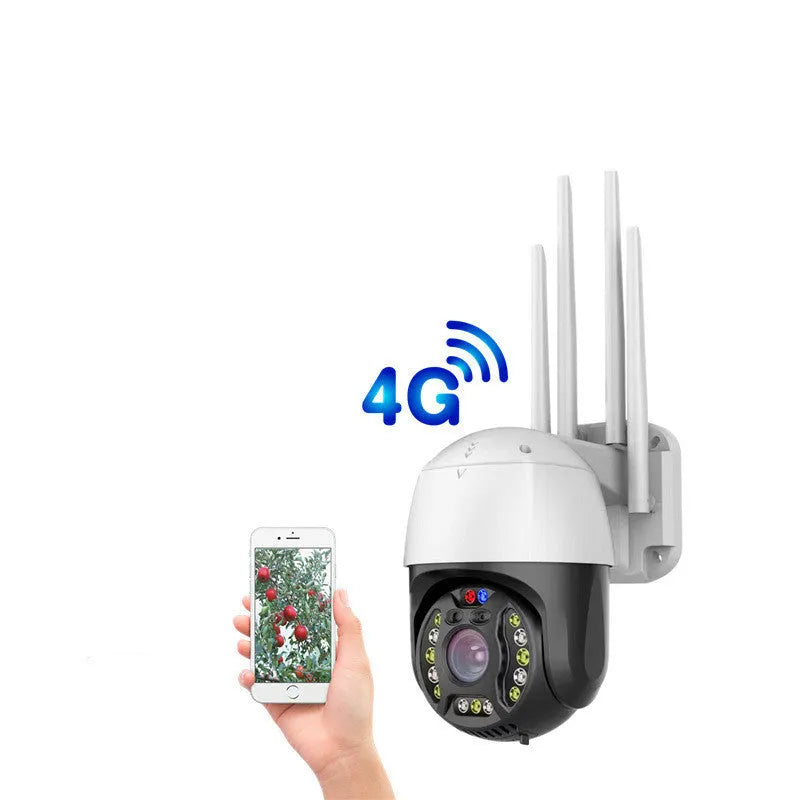 White outdoor dome security camera with 360-degree rotation on a wall mount.